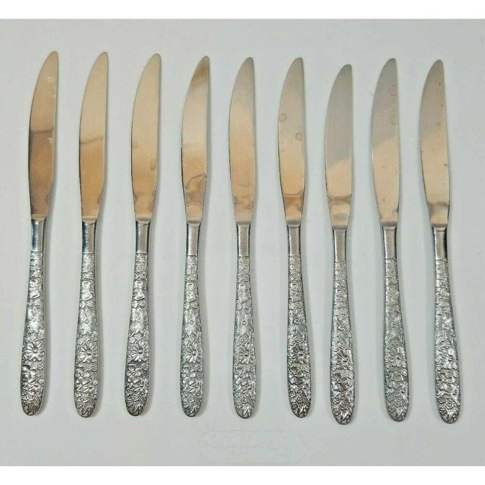 Vintage Butter Knives Lot of 9 Flatware Stainless Steel Roses Floral Taiwan